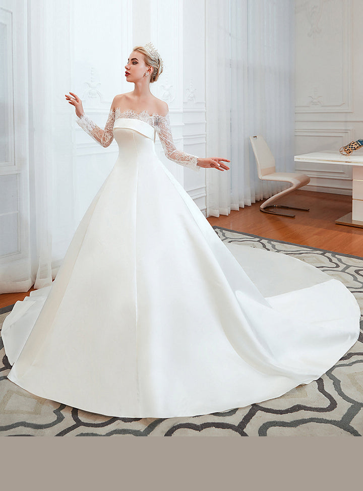 A-line Off-the-Shoulder Long Sleeves Satin Cathedral Train Dress
