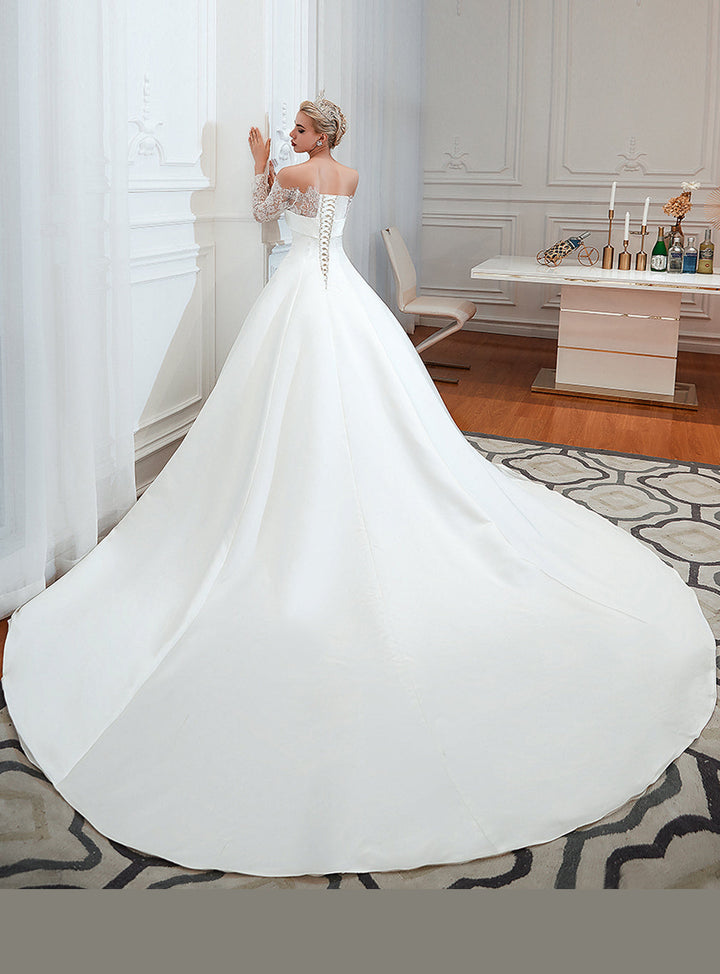 A-line Off-the-Shoulder Long Sleeves Satin Cathedral Train Dress