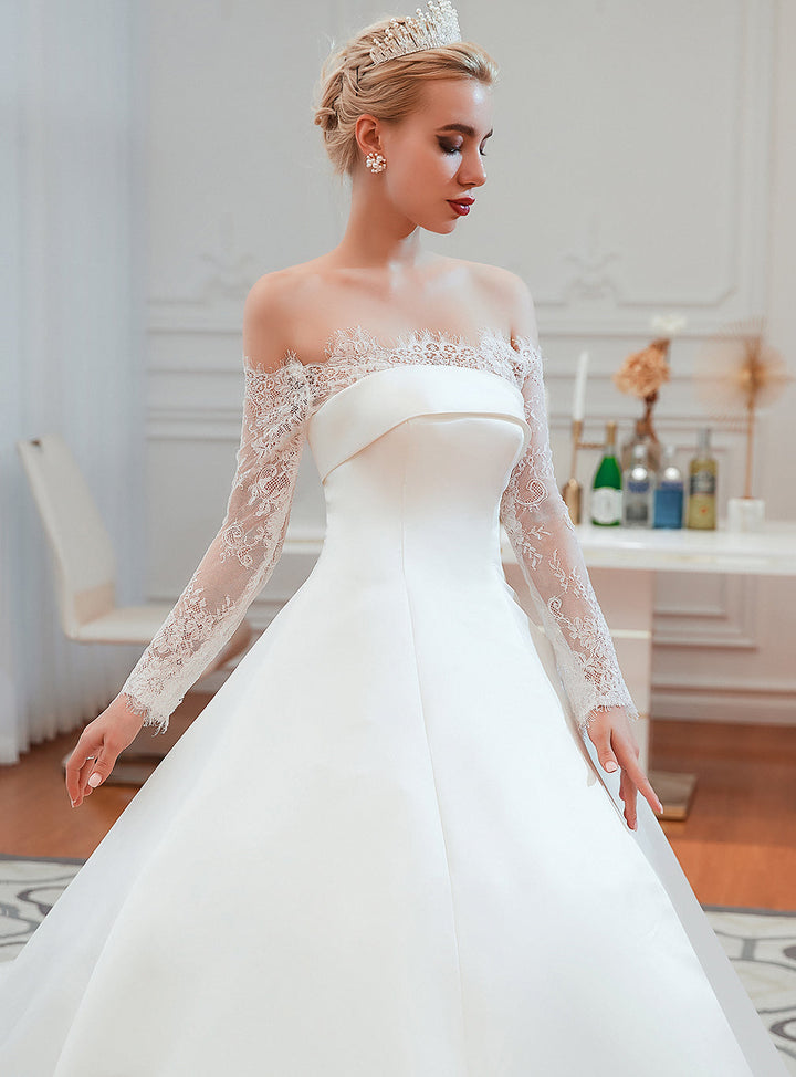 A-line Off-the-Shoulder Long Sleeves Satin Cathedral Train Dress