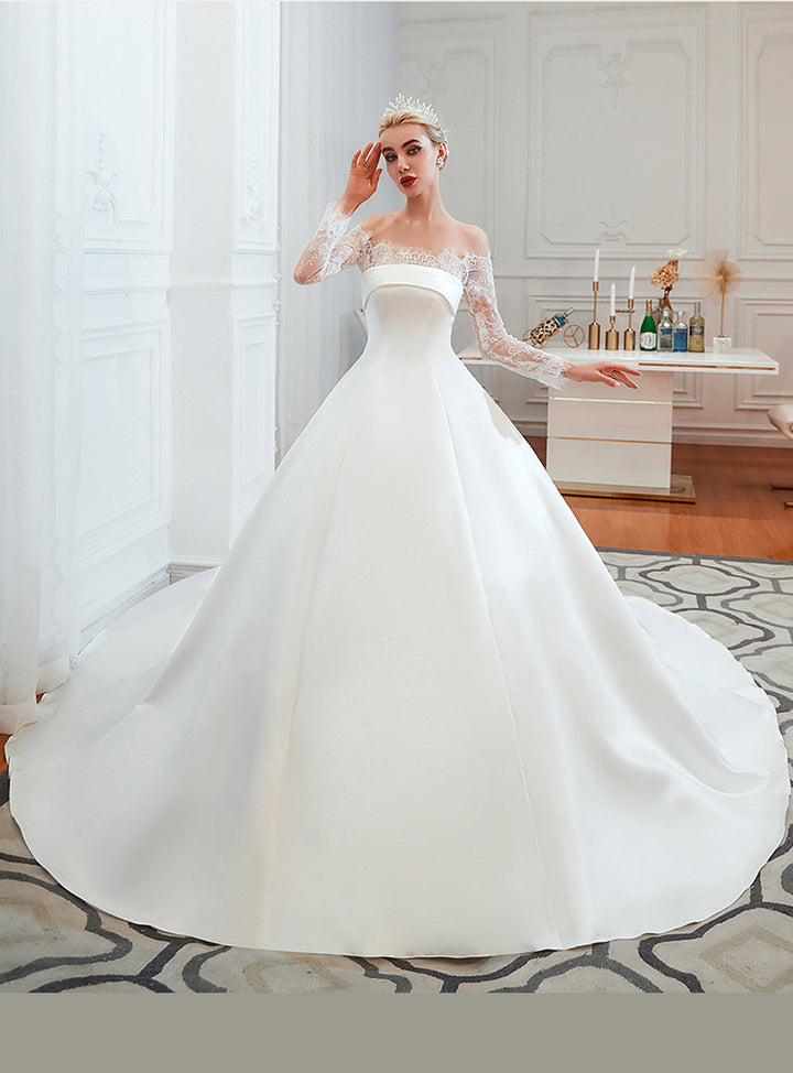 A-line Off-the-Shoulder Long Sleeves Satin Cathedral Train Dress