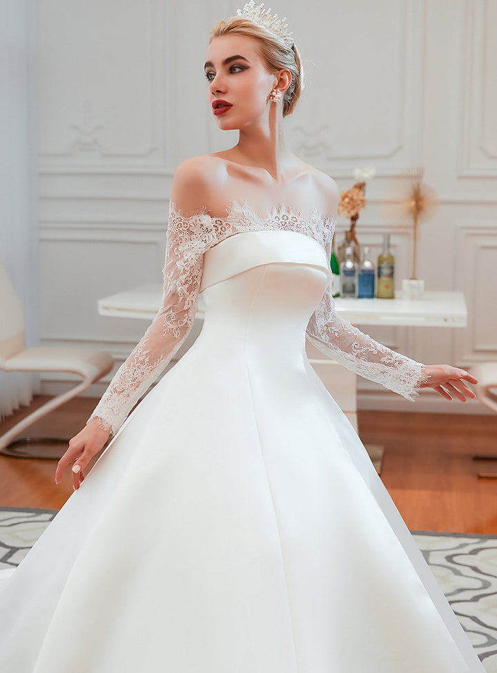 A-line Off-the-Shoulder Long Sleeves Satin Cathedral Train Dress