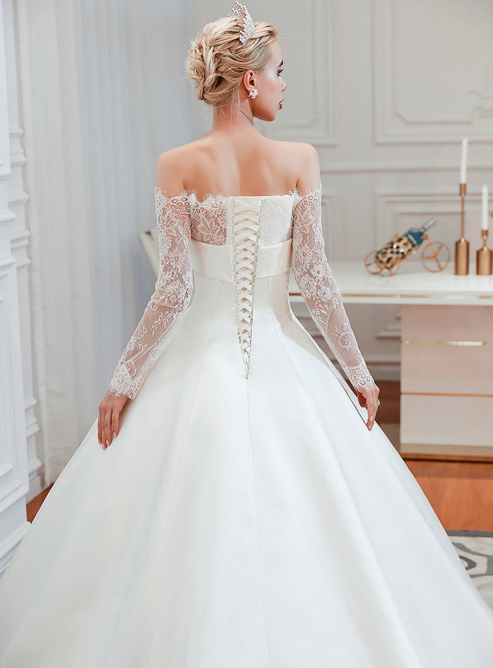 A-line Off-the-Shoulder Long Sleeves Satin Cathedral Train Dress