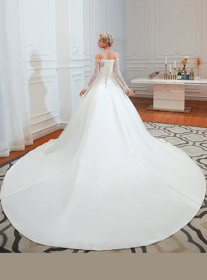 A-line Off-the-Shoulder Long Sleeves Satin Cathedral Train Dress