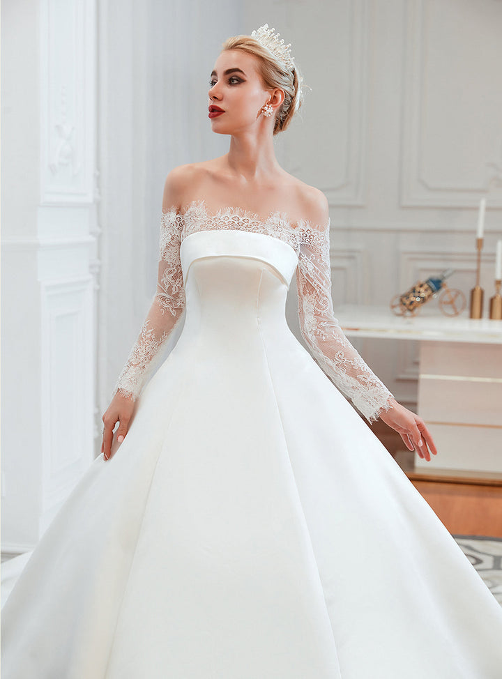 A-line Off-the-Shoulder Long Sleeves Satin Cathedral Train Dress