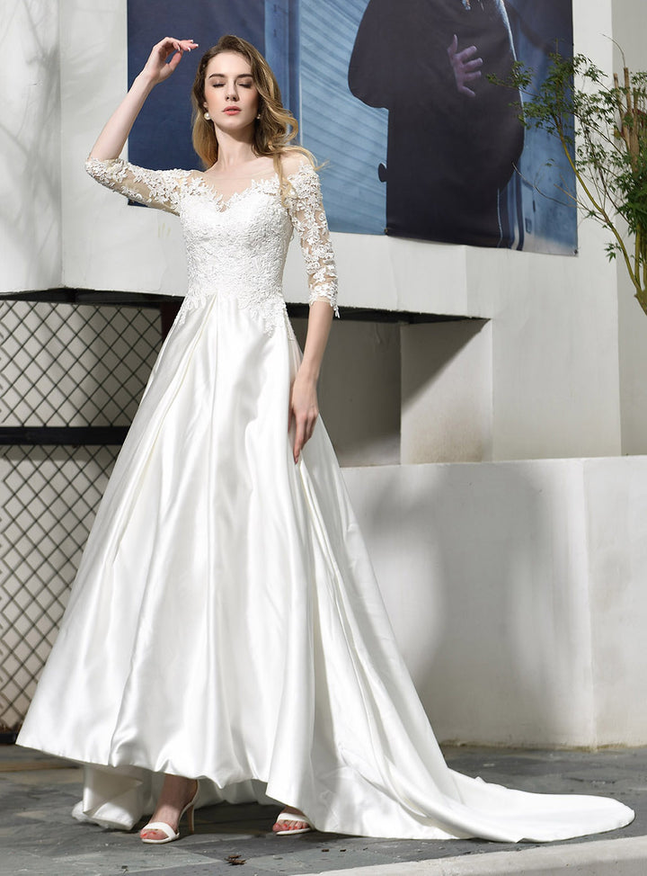 knee length dresses for ladies A-Line Cathedral Train Royal Lace Wedding Dresses with 3/4 Sleeves SWD0044