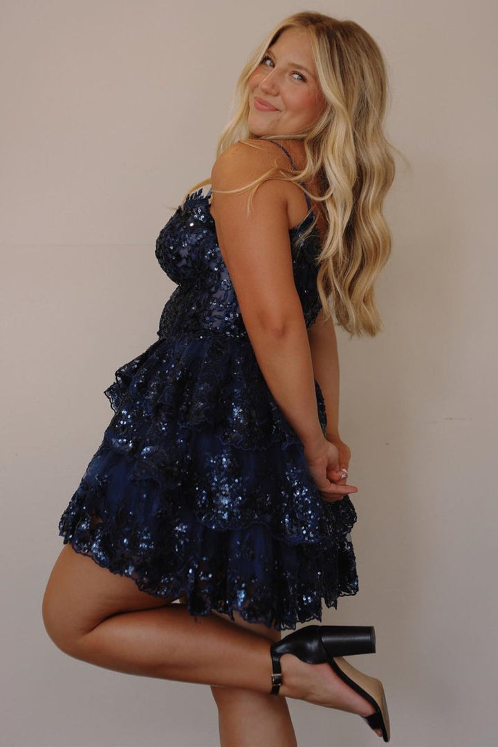 Koscy A- Line Sky Blue Sequins Multi-Layers Short Homecoming Dress