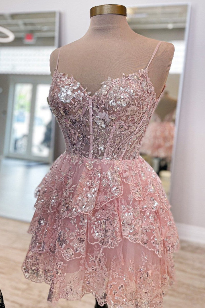 Koscy A- Line Sky Blue Sequins Multi-Layers Short Homecoming Dress