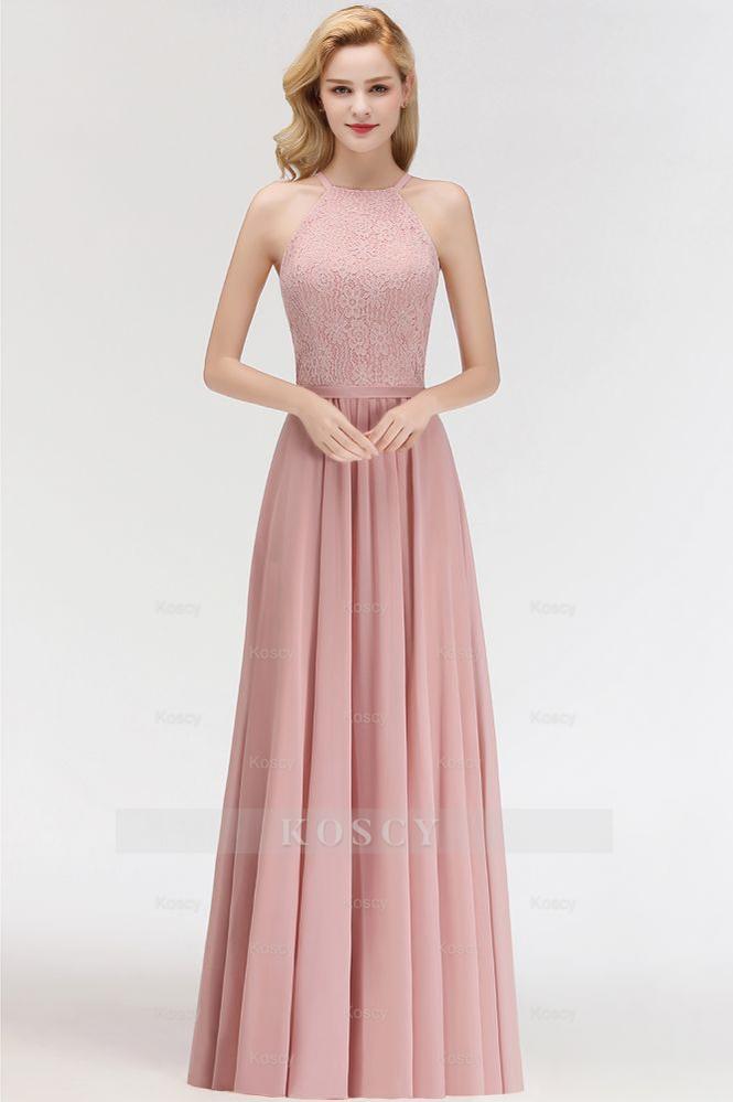 A-line Sleeveless Halter Long Lace Chiffon Bridesmaid Dress A-line Sleeveless Halter Long Lace Chiffon Bridesmaid Dress