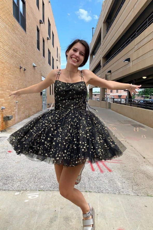 Koscy A-Line Spaghetti Straps Lace up Short Black Tulle Above Knee Homecoming Dresses