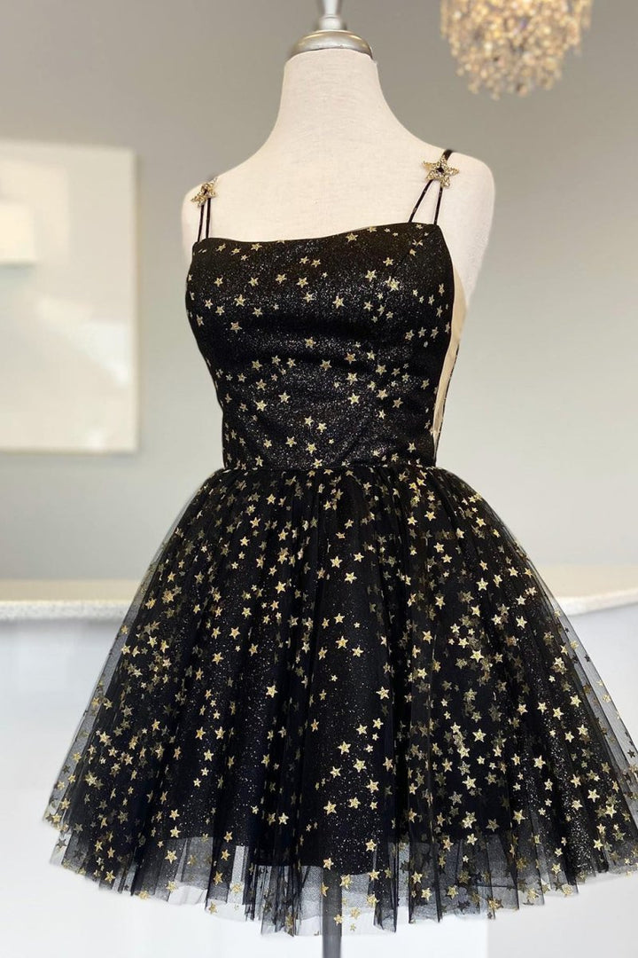 Koscy A-Line Spaghetti Straps Lace up Short Black Tulle Above Knee Homecoming Dresses