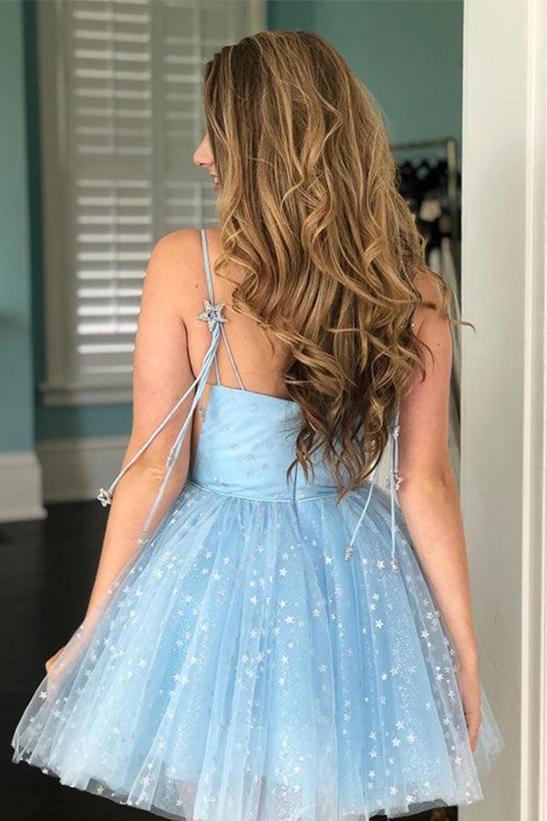Koscy A-Line Spaghetti Straps Lace up Short Black Tulle Above Knee Homecoming Dresses