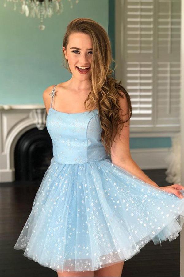 Koscy A-Line Spaghetti Straps Lace up Short Black Tulle Above Knee Homecoming Dresses