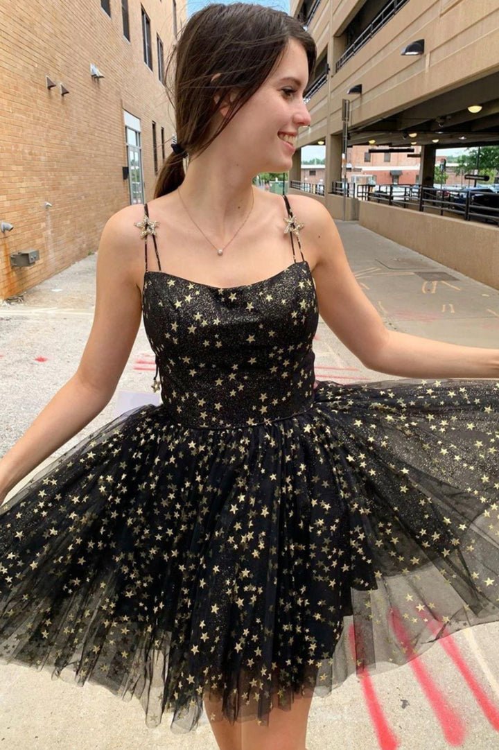 Koscy A-Line Spaghetti Straps Lace up Short Black Tulle Above Knee Homecoming Dresses
