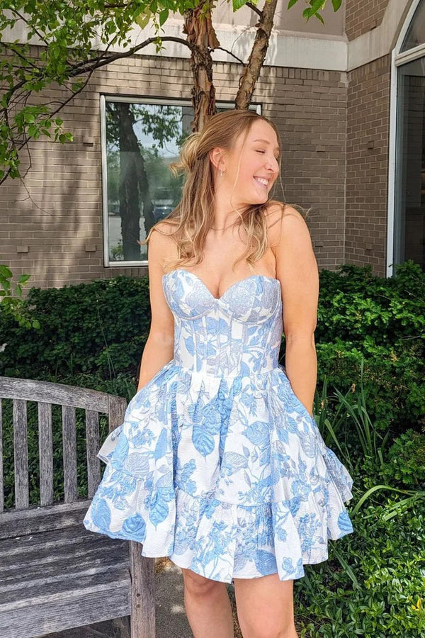 Koscy A-Line Strapless Blue Satin Short Homecoming Dresses with Pockets