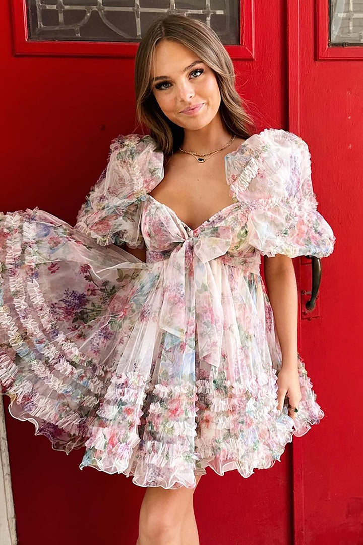 A-Line Sweetheart Puff Sleeves Light Green Floral Short Homecoming Dress  with Ruffles