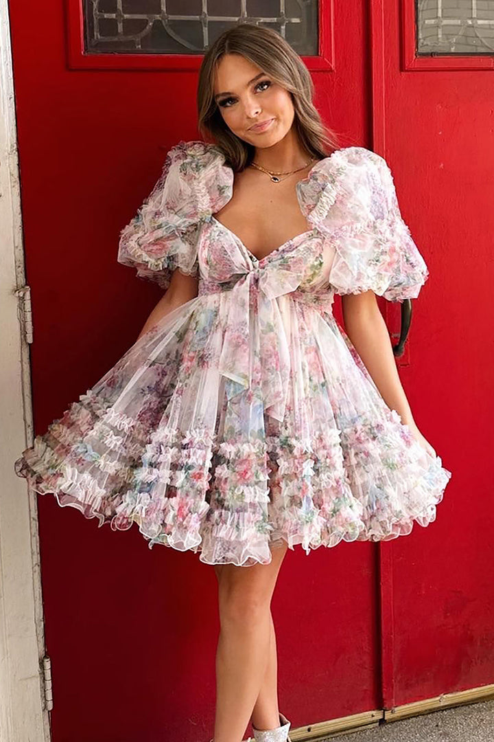 A-Line Sweetheart Puff Sleeves Light Green Floral Short Homecoming Dress with Ruffles A-Line Sweetheart Puff Sleeves Light Green Floral Short Homecoming Dress with Ruffles