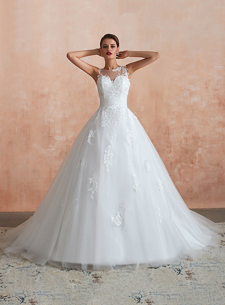 A-line Sweetheart Sleeveless Tulle Cathedral Train Dress-koscy