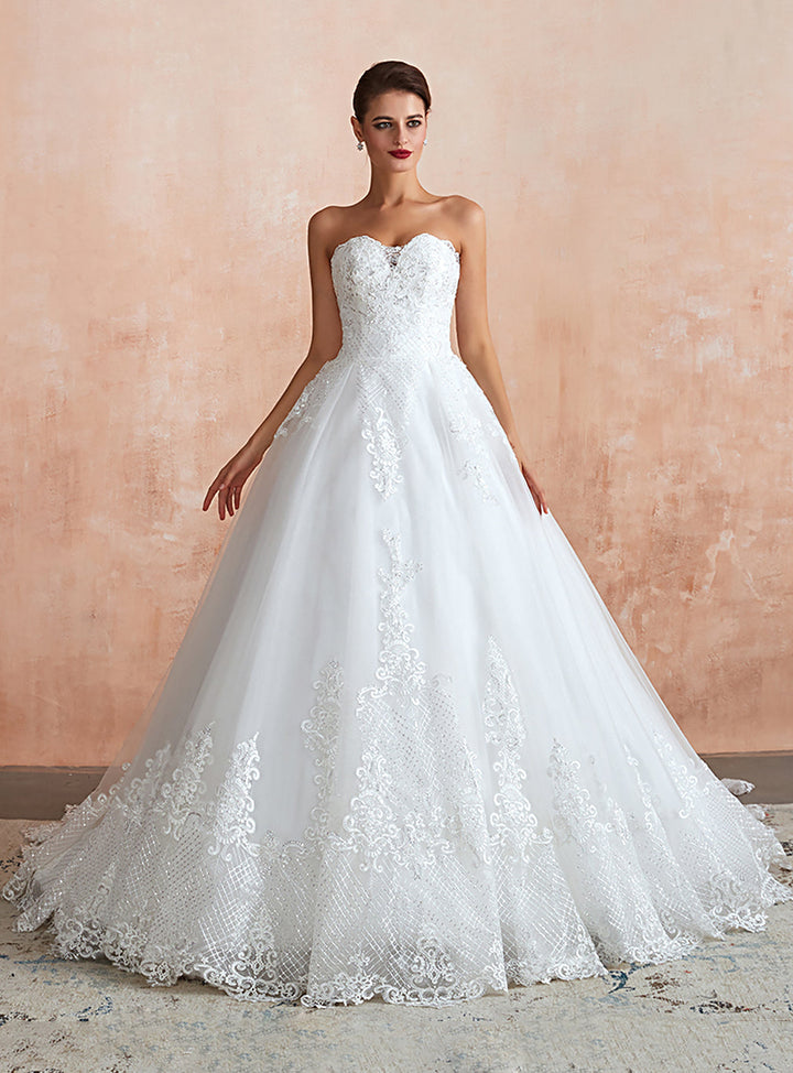 A-Line Sweetheart Strapless Tulle Chapel Train Wedding Dress