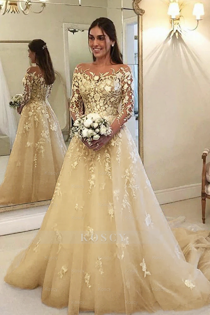 A Line Tulle Floral Lace Appliques Wedding Dress With Sleeves