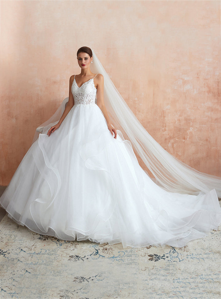 A-line Tulle Lace Sleeveless Chapel Train Dress-koscy