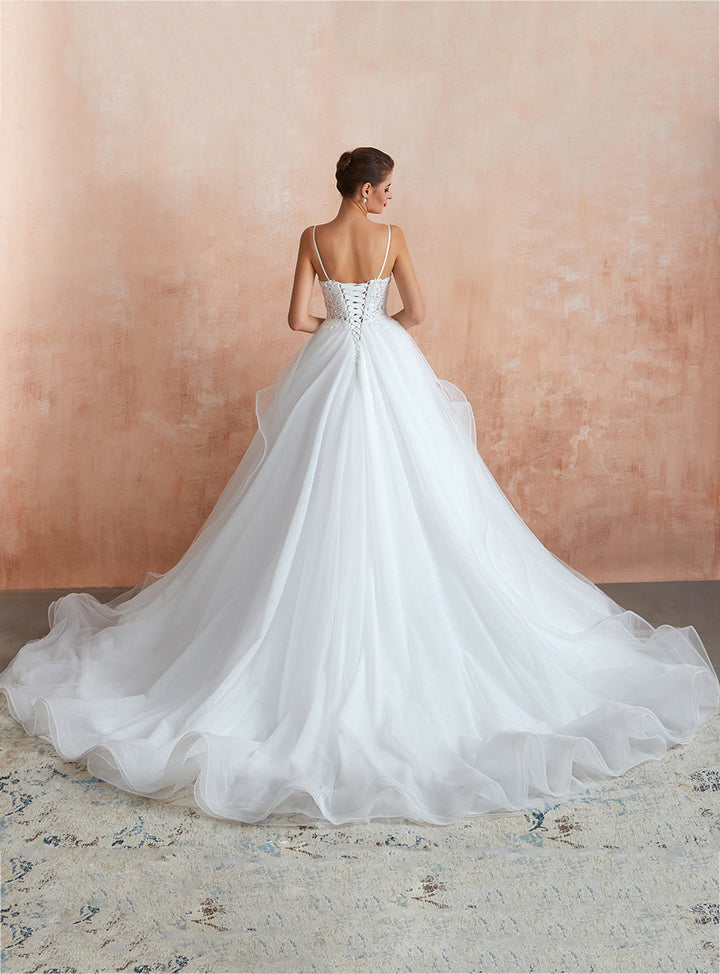 A-line Tulle Lace Sleeveless Chapel Train Dress-koscy