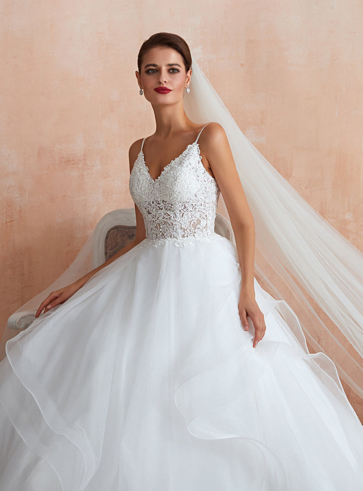 A-line Tulle Lace Sleeveless Chapel Train Dress-koscy