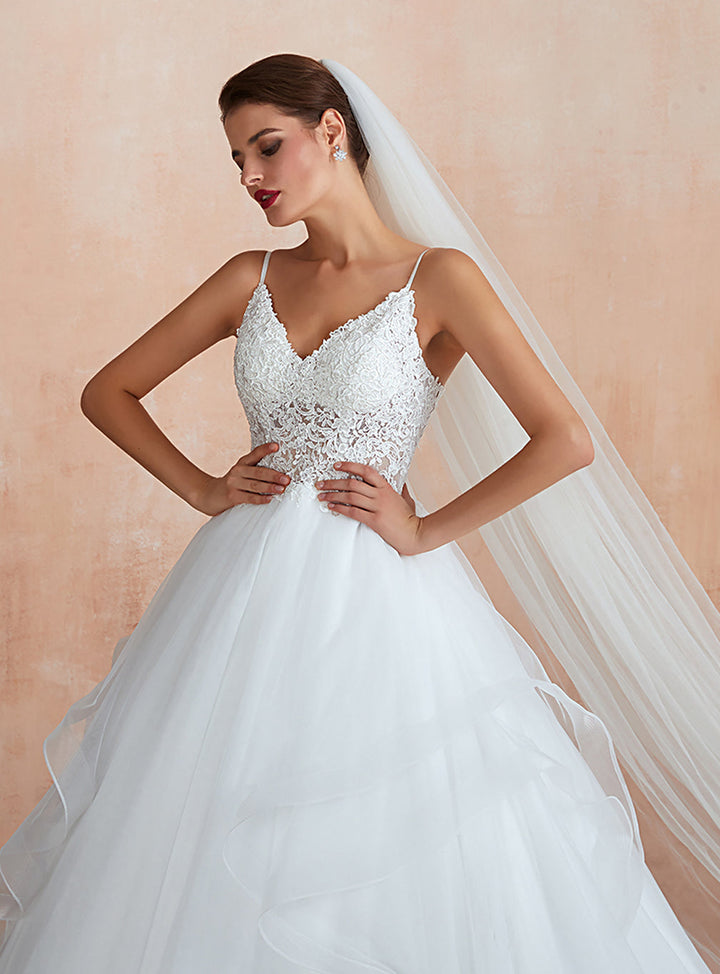 A-line Tulle Lace Sleeveless Chapel Train Dress-koscy