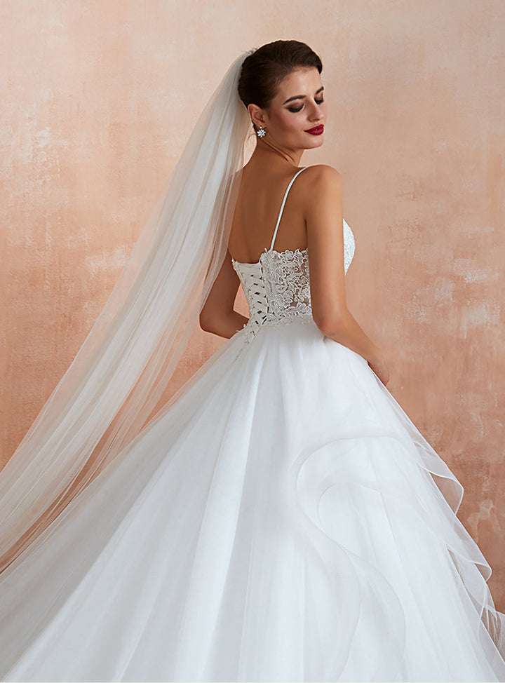 A-line Tulle Lace Sleeveless Chapel Train Dress-koscy