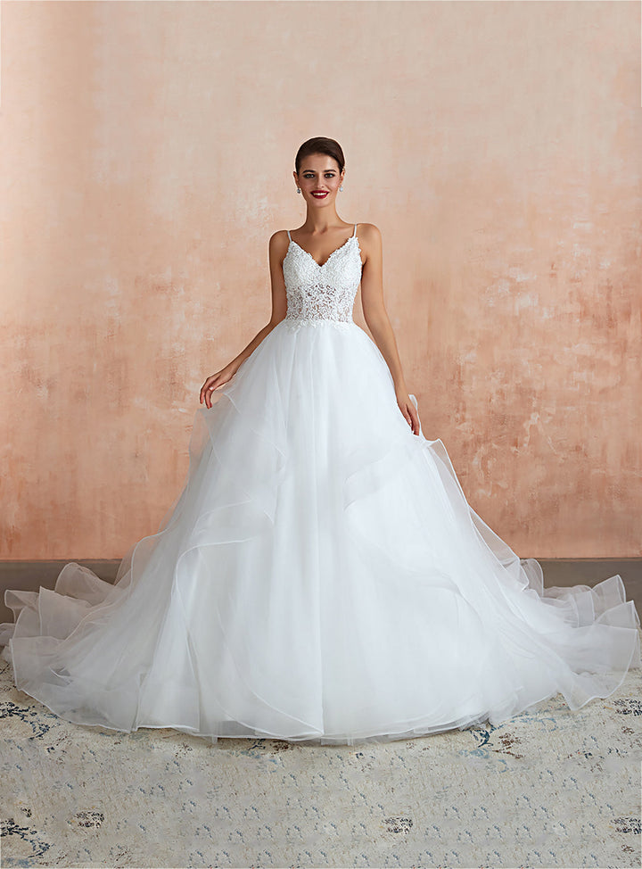 A-line Tulle Lace Sleeveless Chapel Train Dress-koscy