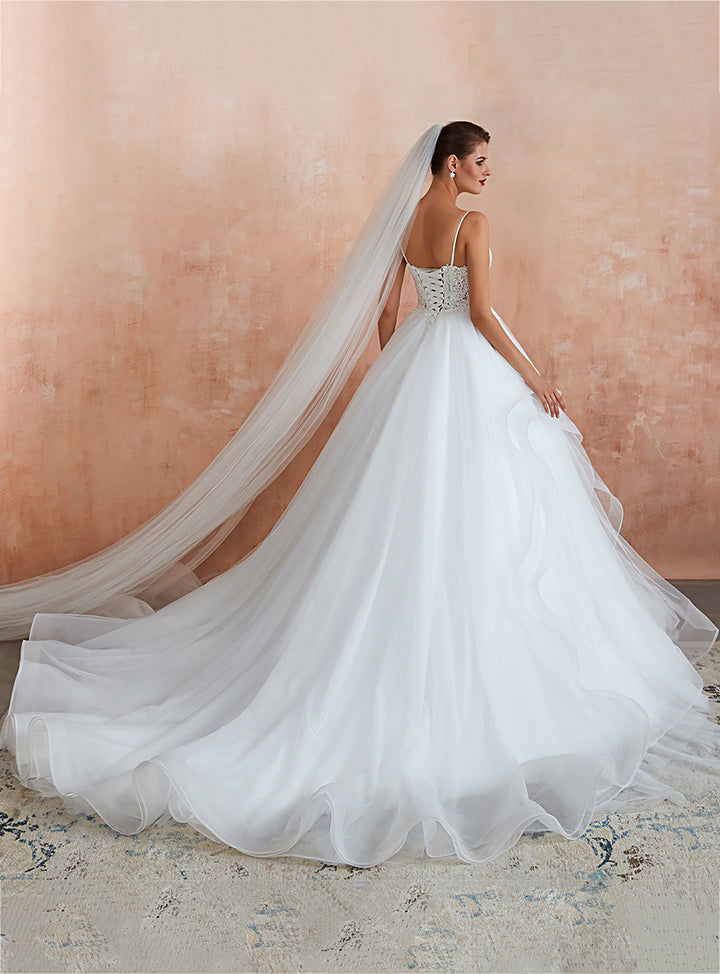 A-line Tulle Lace Sleeveless Chapel Train Dress-koscy