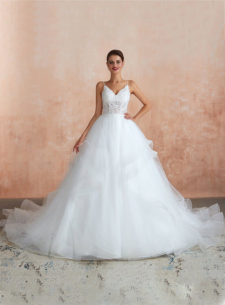 A-line Tulle Lace Sleeveless Chapel Train Dress-koscy