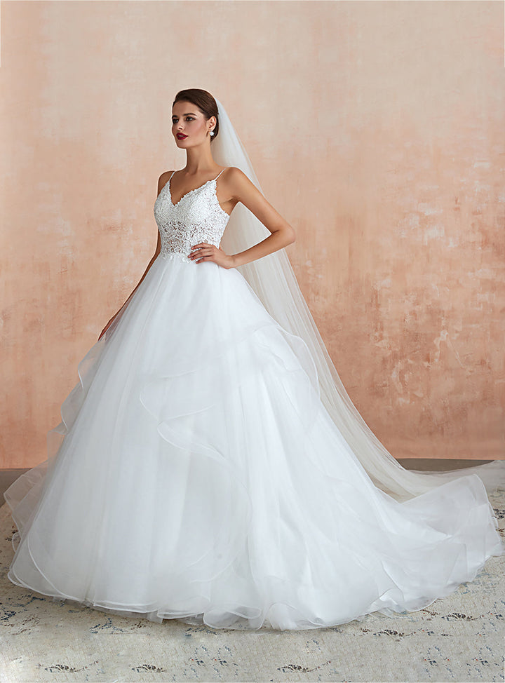 A-line Tulle Lace Sleeveless Chapel Train Dress-koscy