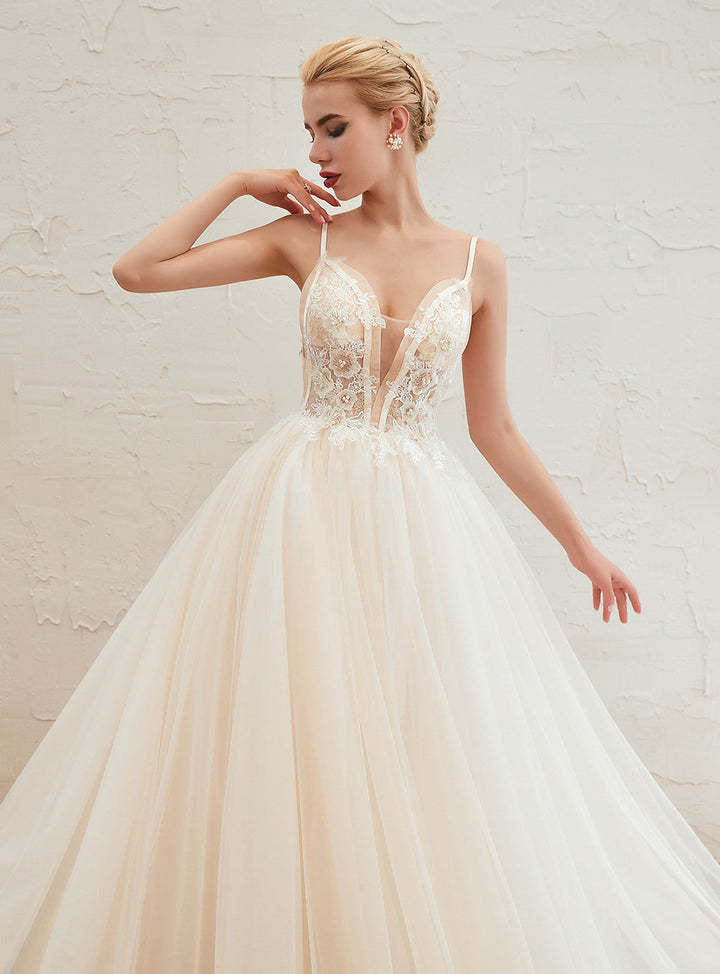 A-line Tulle Lace V-Neck Spaghetti Straps Cathedral Train Dress-koscy