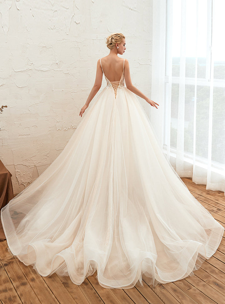 A-line Tulle Lace V-Neck Spaghetti Straps Cathedral Train Dress-koscy