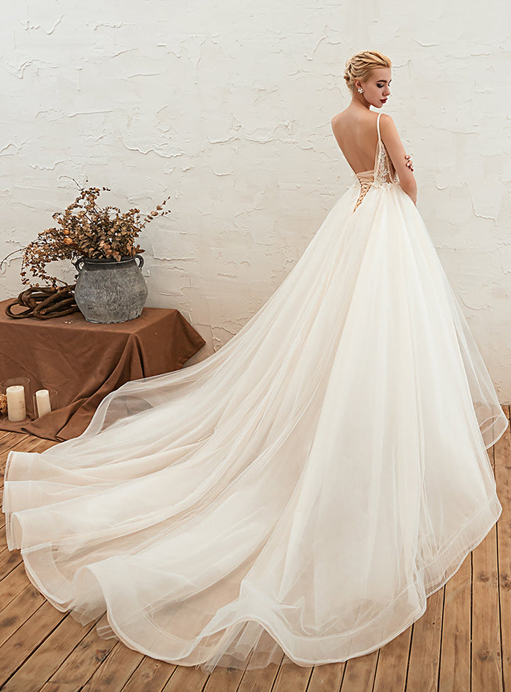 A-line Tulle Lace V-Neck Spaghetti Straps Cathedral Train Dress-koscy