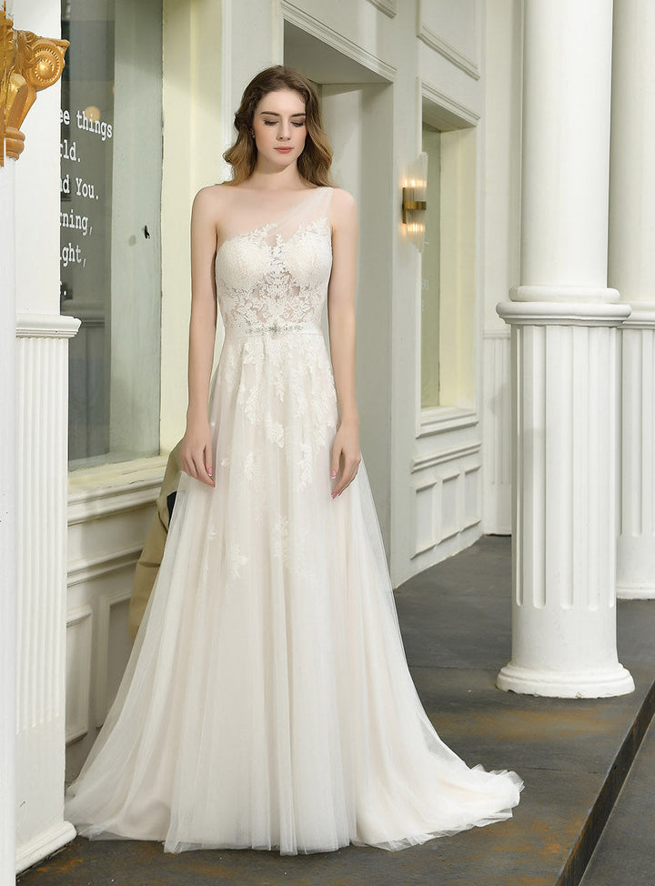 A-line Tulle One Shoulder Chapel Train Dress-koscy