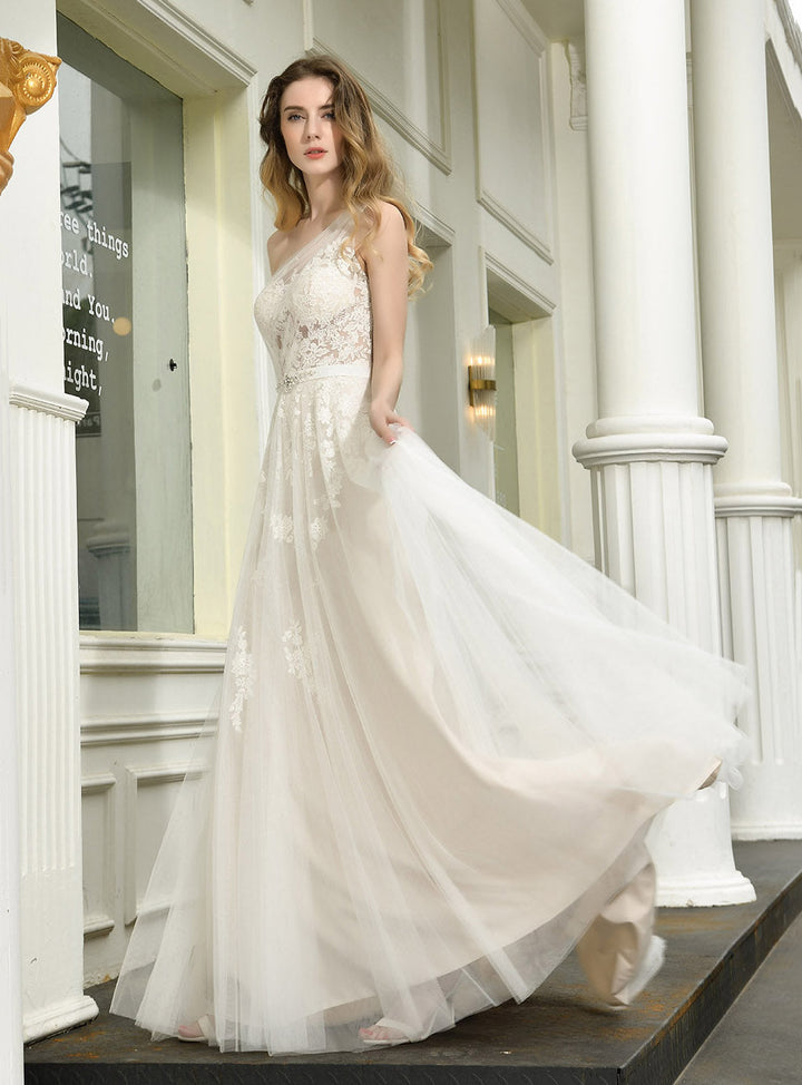 A-line Tulle One Shoulder Chapel Train Dress-koscy