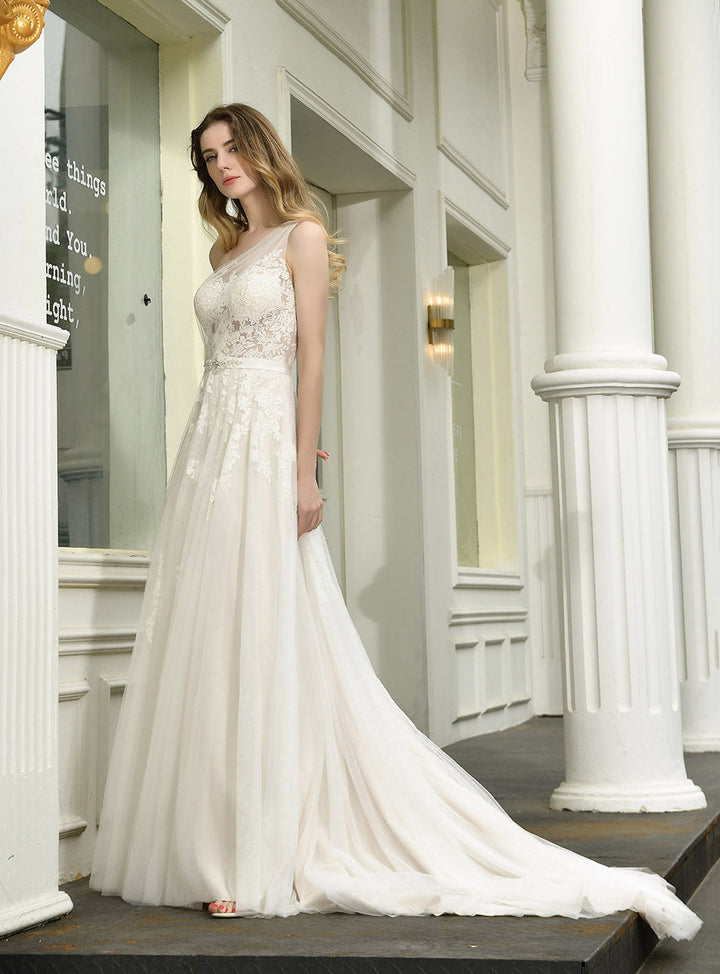 A-line Tulle One Shoulder Chapel Train Dress-koscy