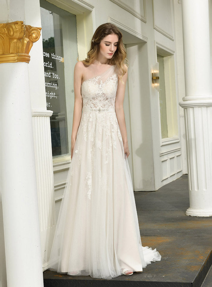 A-line Tulle One Shoulder Chapel Train Dress-koscy