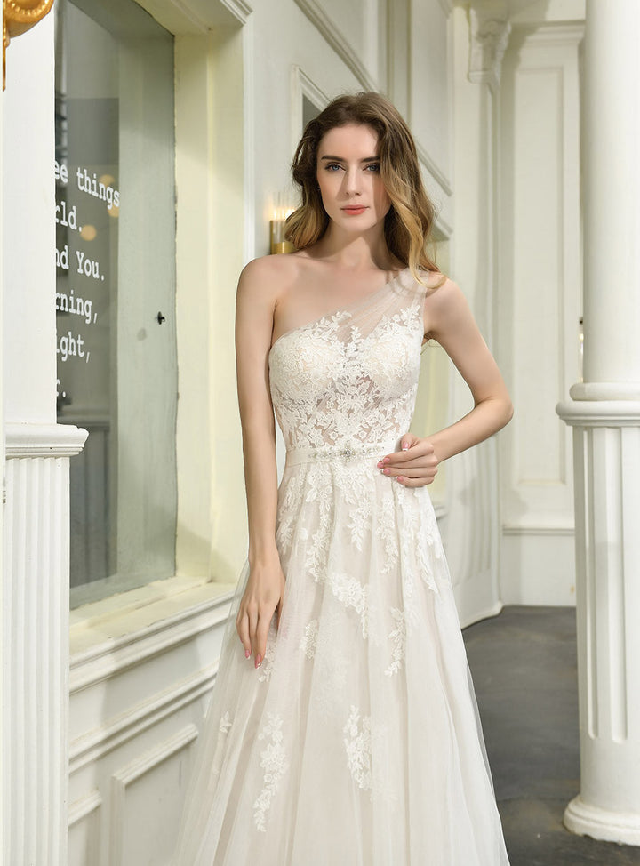 A-line Tulle One Shoulder Chapel Train Dress-koscy