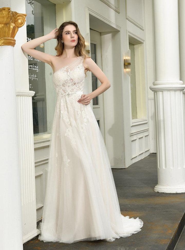 A-line Tulle One Shoulder Chapel Train Dress-koscy