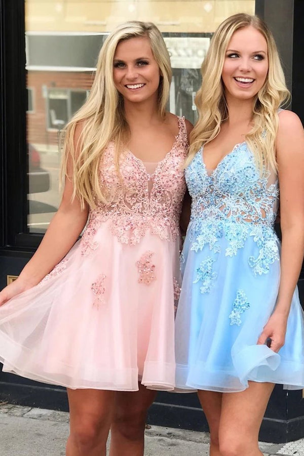 Koscy A Line V Neck Tulle Homecoming Dress with Appliques