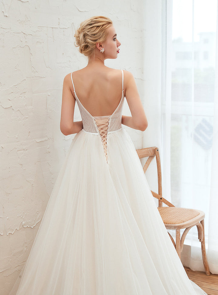 A-line V-Neck Lace Tulle Cathedral Train Dress-koscy