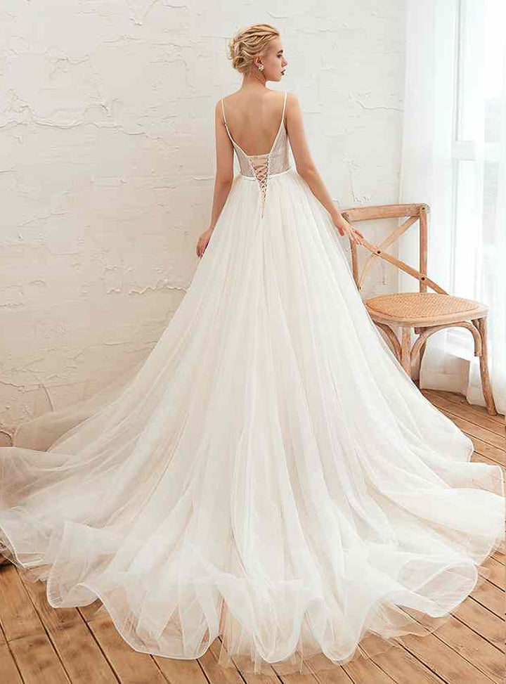 A-line V-Neck Lace Tulle Cathedral Train Dress-koscy