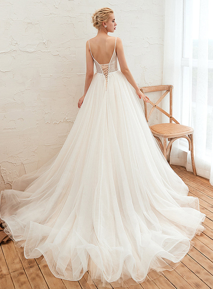 A-line V-Neck Lace Tulle Cathedral Train Dress-koscy