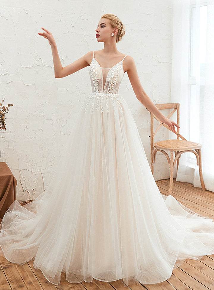 A-line V-Neck Lace Tulle Cathedral Train Dress-koscy