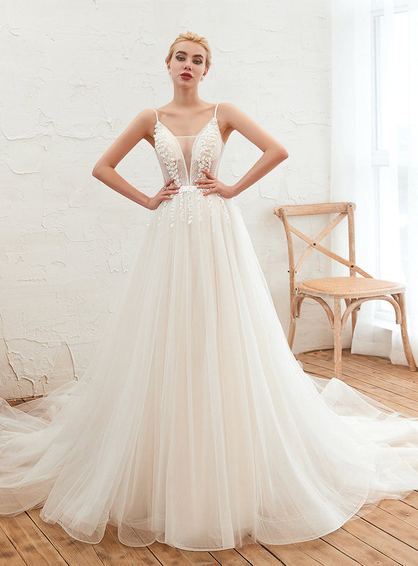 A-line V-Neck Lace Tulle Cathedral Train Dress-koscy