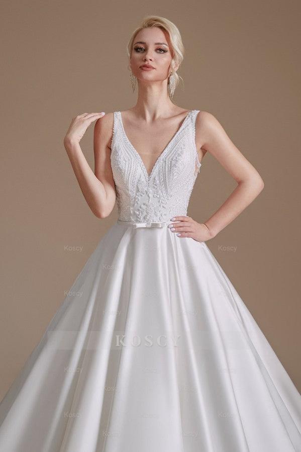 A-line V-neck Satin Wedding Dress with Appliques Lace A-line V-neck Satin Wedding Dress with Appliques Lace