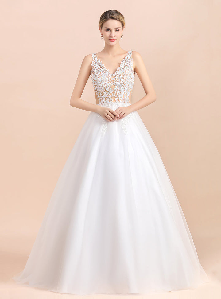 A-Line V-Neck Spaghetti Straps Sleeveless Lace Dress-koscy