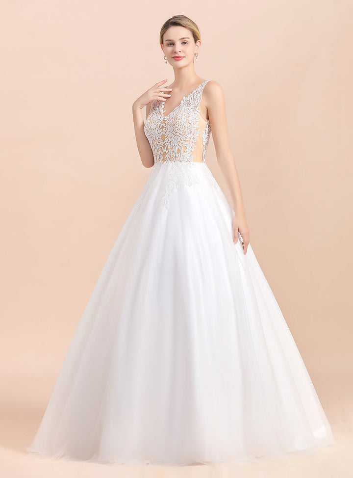 A-Line V-Neck Spaghetti Straps Sleeveless Lace Dress-koscy